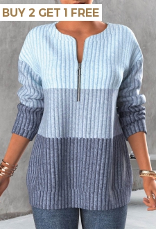 Light Blue Zipper Contrast Long Sleeve Sweatshirt