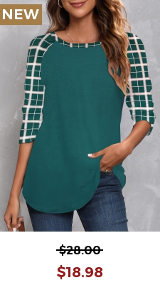 Green Patchwork Plaid Long Sleeve T Shirt