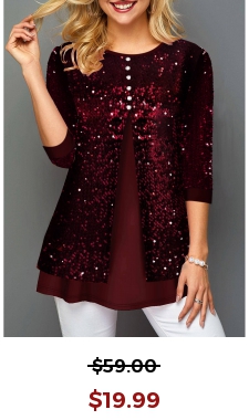 Sequin Panel Button Detail Wine Red T Shirt