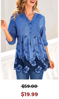 Split Neck Denim Blue Embroidered Blouse