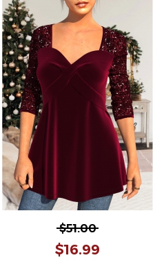 Sequin Velvet Stitching Sweetheart Neckline Wine Red T Shirt