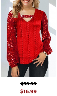 Red Sequin Cutout V Neck T Shirt