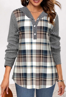 Grey Twisted Tartan Print Long Sleeve Hoodie