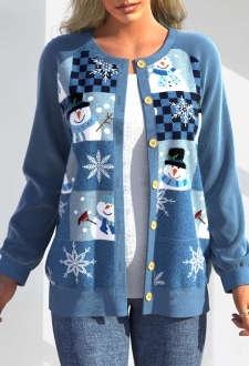 Blue Patchwork Christmas Print Long Sleeve Cardigan