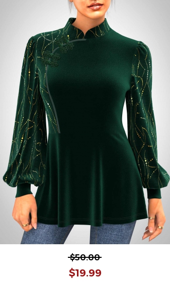 Hot Stamping Mandarin Collar Dark Green Blouse