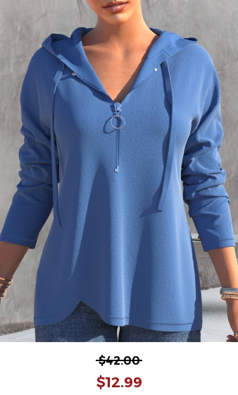 Dusty Blue Quarter Zip Drawstring Long Sleeve Hoodie