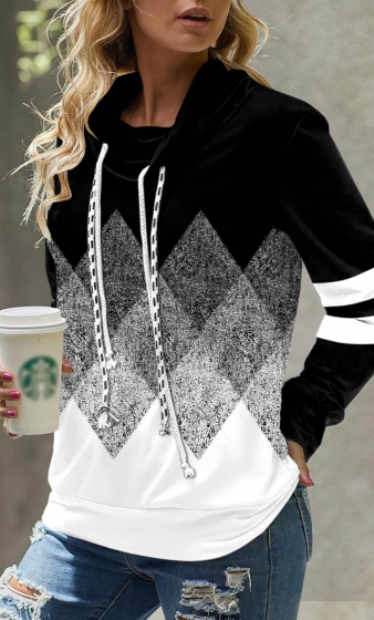 Black Geometric Print Long Sleeve Cowl Neck Sweatshirt