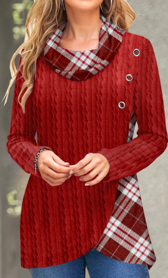 Red Twisted Plaid Long Sleeve Cowl Neck Sweatshirt