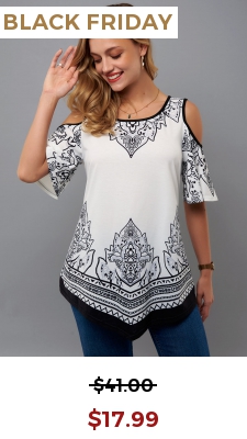 Tribal Print Cold Shoulder Asymmetric Hem T Shirt
