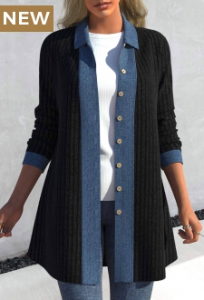 Black Patchwork Long Sleeve Shirt Collar Coat