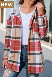 Multi Color Button Plaid Long Sleeve Hooded Coat