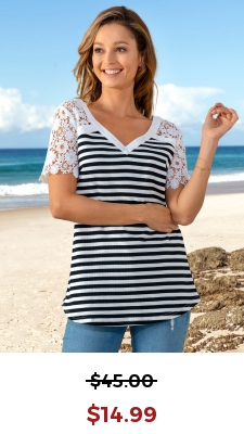Lace Patchwork Short Sleeve V Neck Striped T Shirt