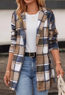 Dark Camel Pocket Plaid Long Sleeve Lapel Coat