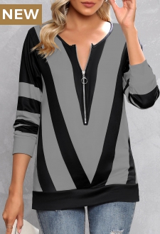 Grey Zipper Contrast Color Long Sleeve T Shirt