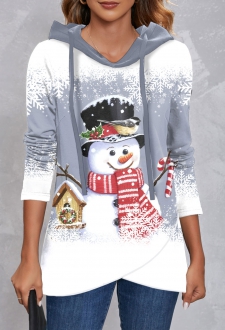 Dusty Blue Cross Hem Snowman Print Hoodie