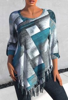 Dusty Blue Tassel Plaid Long Sleeve Blouse
