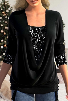 Black Sequin Long Sleeve Square Neck T Shirt