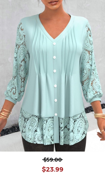 Cyan Lace Patchwork Three Quarter Length Sleeve Blouse