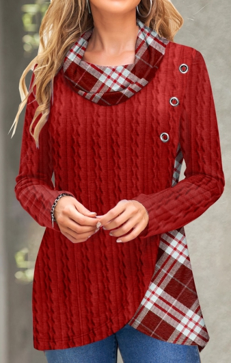 Red Twisted Plaid Long Sleeve Cowl Neck Sweatshirt