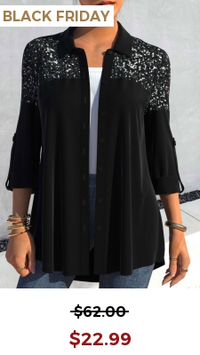 Black Sequin Three Quarter Length Sleeve Blouse