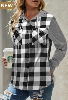 White Pocket Plaid Long Sleeve Hoodie