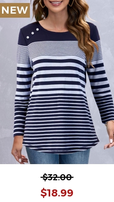 Navy Decorative Button Striped Long Sleeve T Shirt