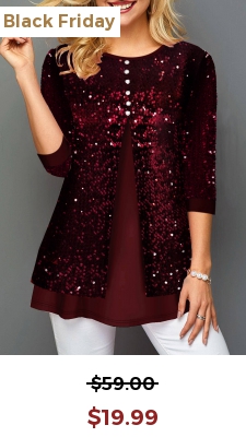 Sequin Panel Button Detail Wine Red T Shirt