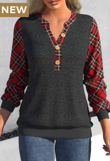 Dark Grey Marl Button Tartan Print Sweatshirt