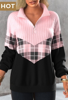 Light Pink Zipper Tartan Print Long Sleeve Sweatshirt