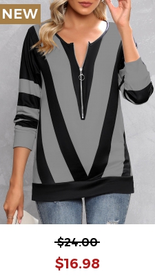 Grey Zipper Contrast Color Long Sleeve T Shirt