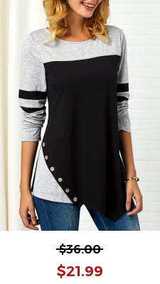 Button Detail Long Sleeve Asymmetric Hem T Shirt