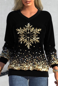 Black Snowflake Print Long Sleeve V Neck Sweatshirt