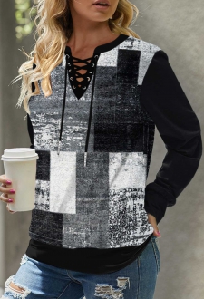 Black Eyelet Plaid Long Sleeve Sweatshirt