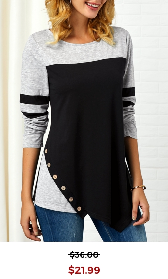 Button Detail Long Sleeve Asymmetric Hem T Shirt