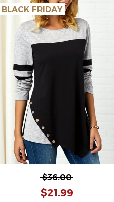 Button Detail Long Sleeve Asymmetric Hem T Shirt