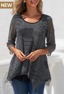 Black Asymmetric Hem Round Neck Textured T Shirt