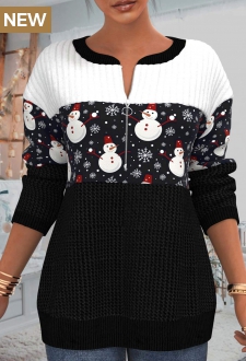 Christmas Black Patchwork Snowman Print Long Sleeve Sweatshirt