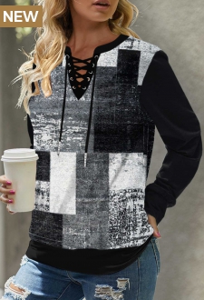 Black Eyelet Plaid Long Sleeve Sweatshirt