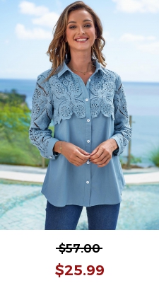 Faux Denim Lace Stitching Turndown Collar Blouse
