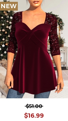 Sequin Velvet Stitching Sweetheart Neckline Wine Red T Shirt