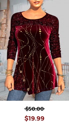 Sequin Velvet Stitching Wine Red Decorative Button T Shirt