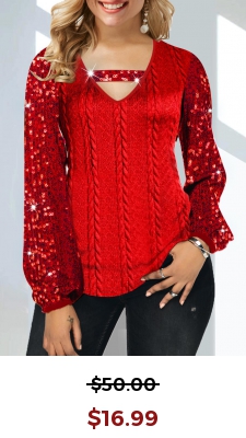 Red Sequin Cutout V Neck T Shirt