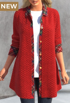 Red Button Plaid Long Sleeve Shirt Collar Coat