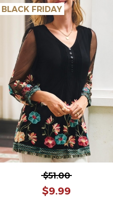 Crinkle Chest Embroidered V Neck 3/4 Sleeve Blouse