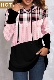 Pink Tartan Print Long Sleeve Hoodie