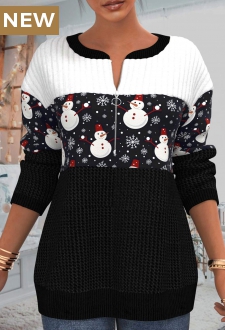 Christmas Black Patchwork Snowman Print Long Sleeve Sweatshirt