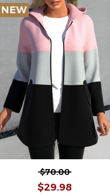 Pink Zipper Contrast Color Long Sleeve Hooded Jacket