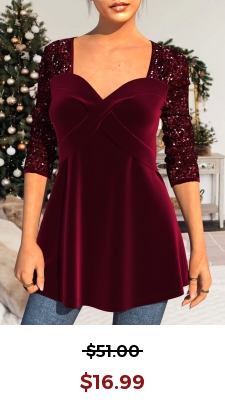 Sequin Velvet Stitching Sweetheart Neckline Wine Red T Shirt