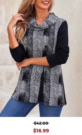 Black Decorative Button Chevron Print Long Sleeve Sweatshirt