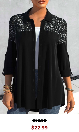 Black Sequin Three Quarter Length Sleeve Blouse